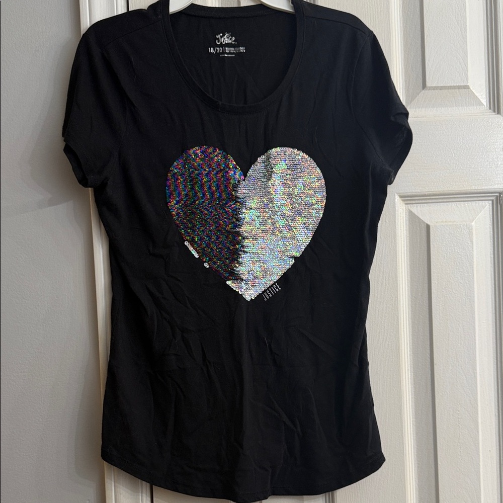 Justice Black Tee with Silver Sequin Heart that changes to multi color size XL